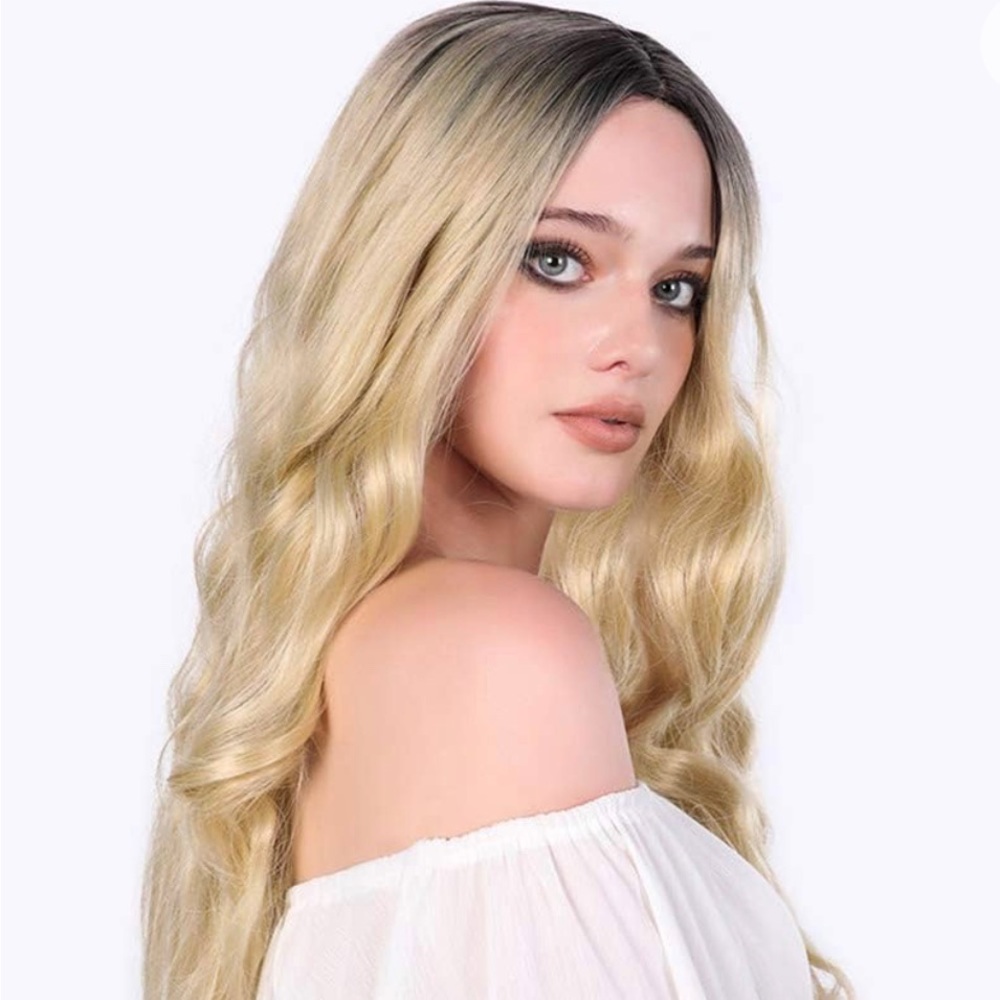 Natural long wavy wig dark roots ombré blonde wig 28” Halloween Costume Cosplay
